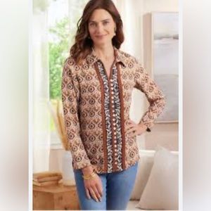 Soft Surroundings Top Women’s Embroidered Button Up Cortesia Printed Boho S